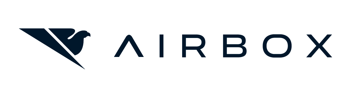 Airbox logo featuring navy blue bold capital lettering, white background and a navy blue bird and triangle emblem positioned to the left of the text.