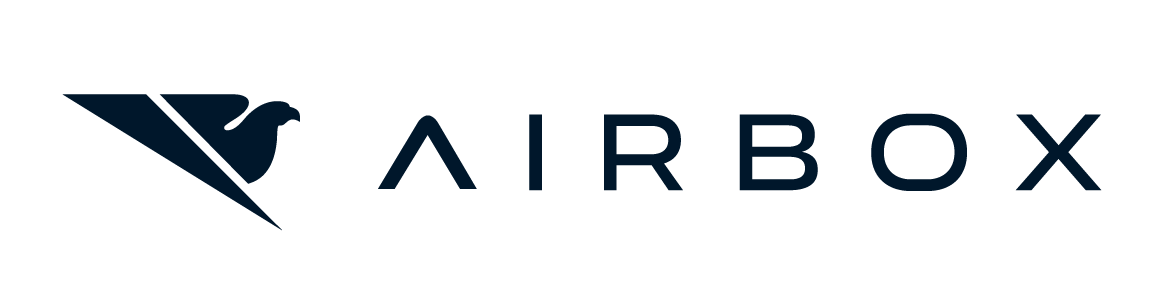 Airbox logo featuring navy blue bold capital lettering, white background and a navy blue bird and triangle emblem positioned to the left of the text.
